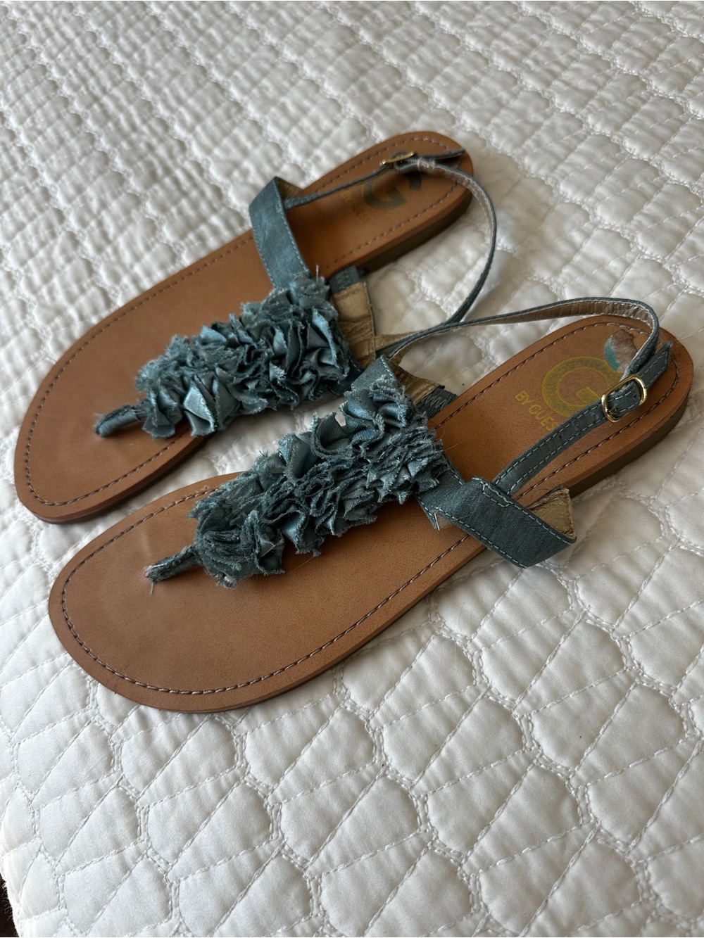 G by Guess Teal Ruffle T-Strap Sandals Teal/Turquoise size 8 worn once - Picture 2 of 3